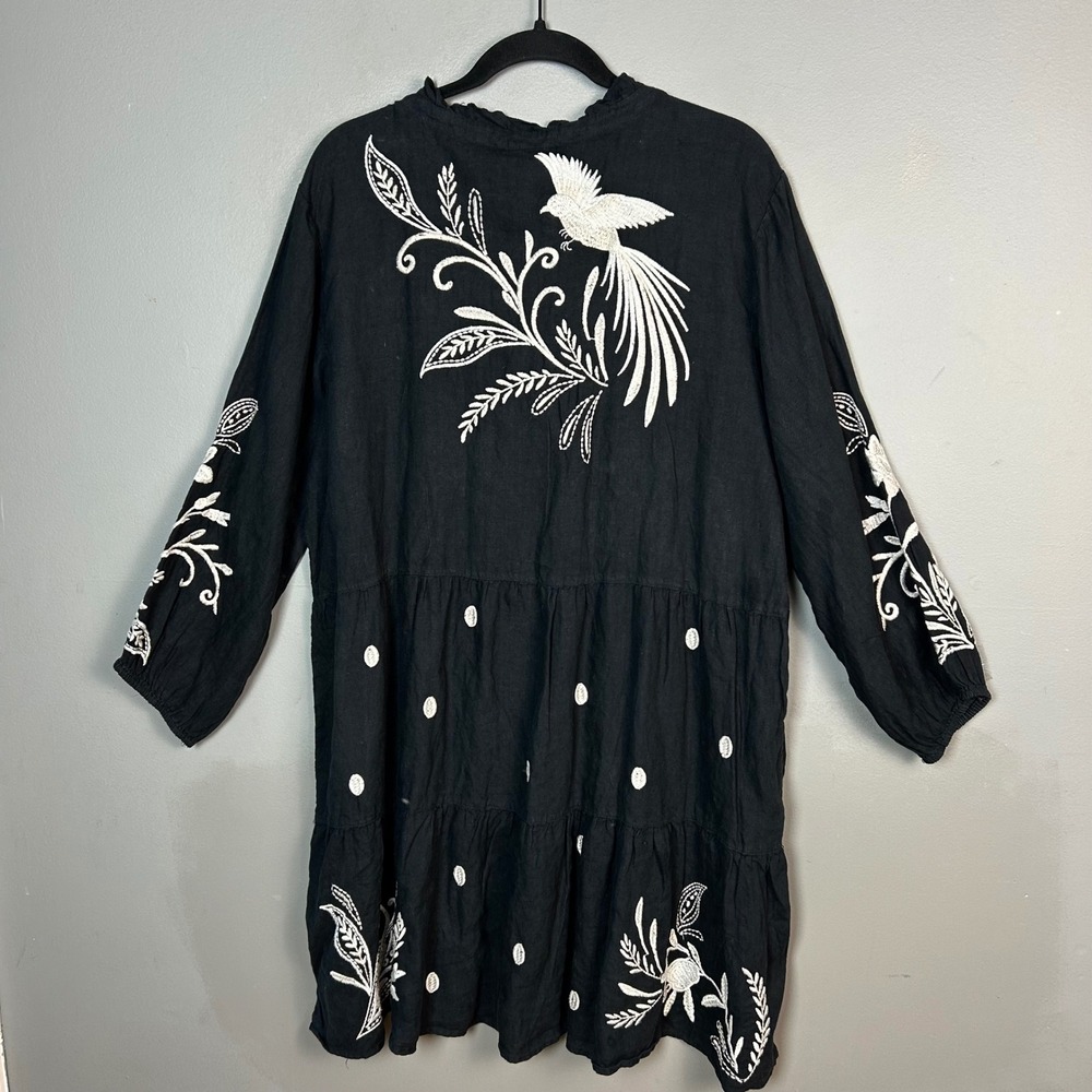 Johnny Was Linen Dress Large Lagenlook Bird Floral Tiered NWT Nature Earthy - Picture 11 of 12